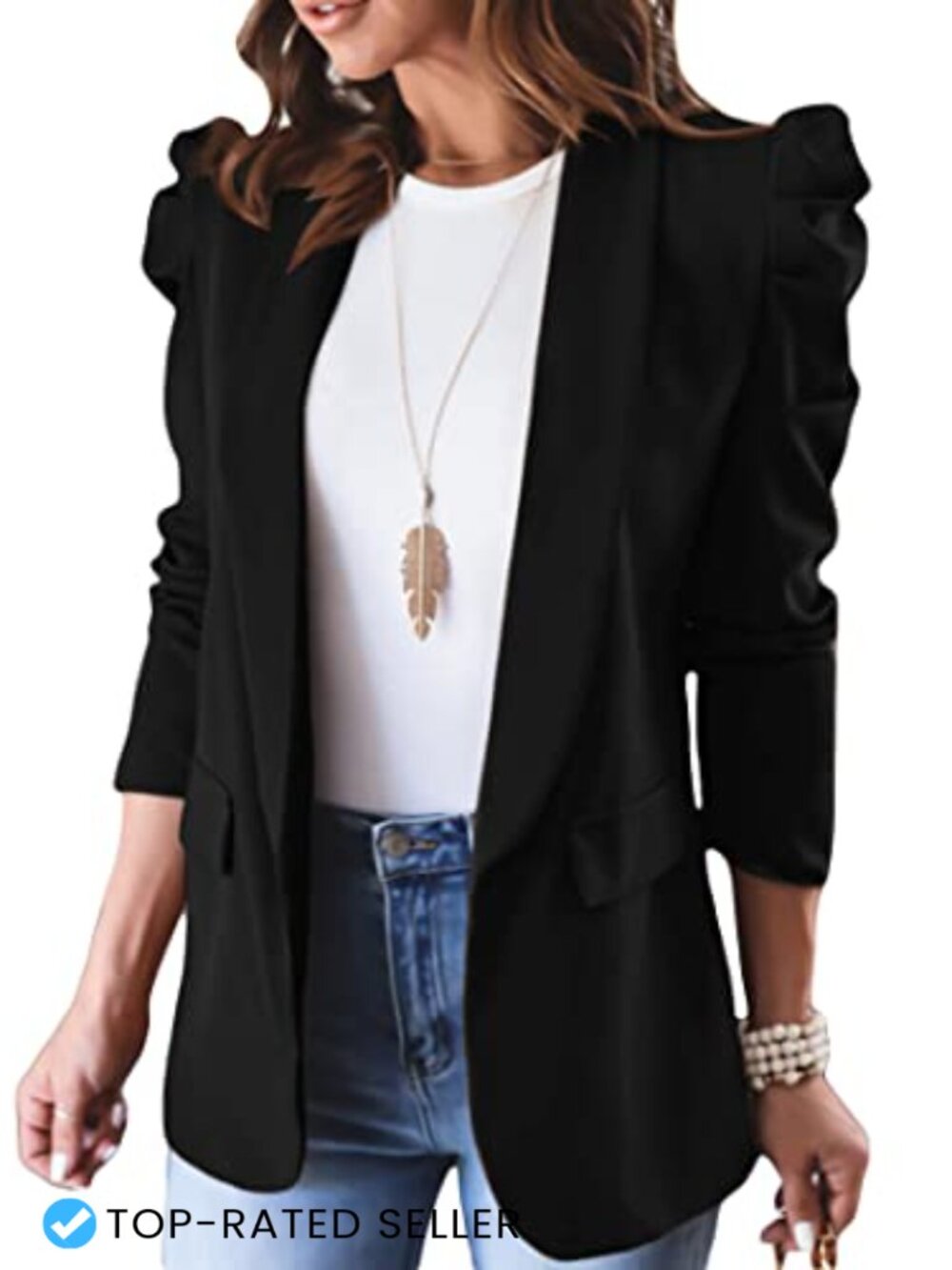 Women's Puff Sleeve Blazer Polyester Open Front Business Casual